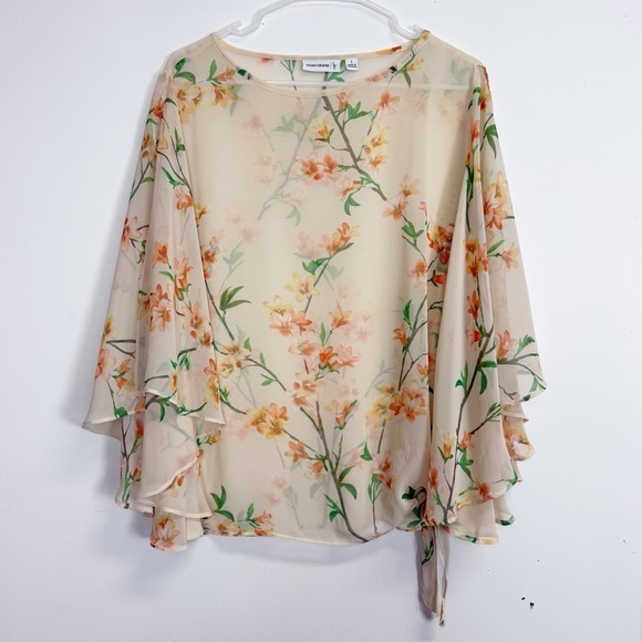 Susan Graver Tops - Susan Graver Blouse Womens Size Large Split Sleeve Orange Green Sheer Floral Top